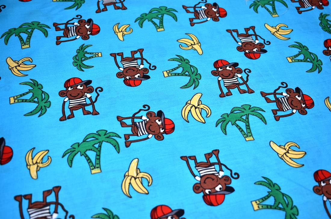 Blue Printed Monkey 100% Cotton Poplin Fabric