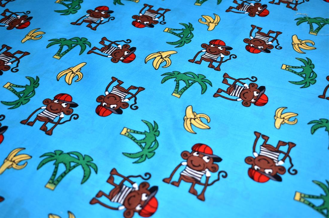 Blue Printed Monkey 100% Cotton Poplin Fabric