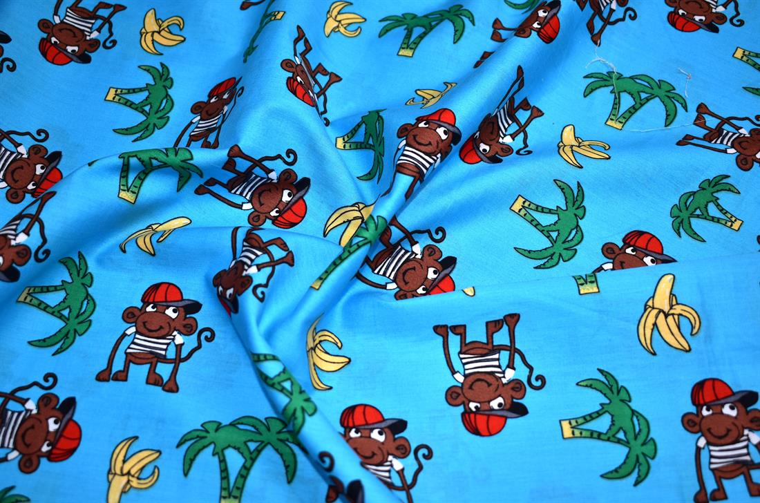 Blue Printed Monkey 100% Cotton Poplin Fabric