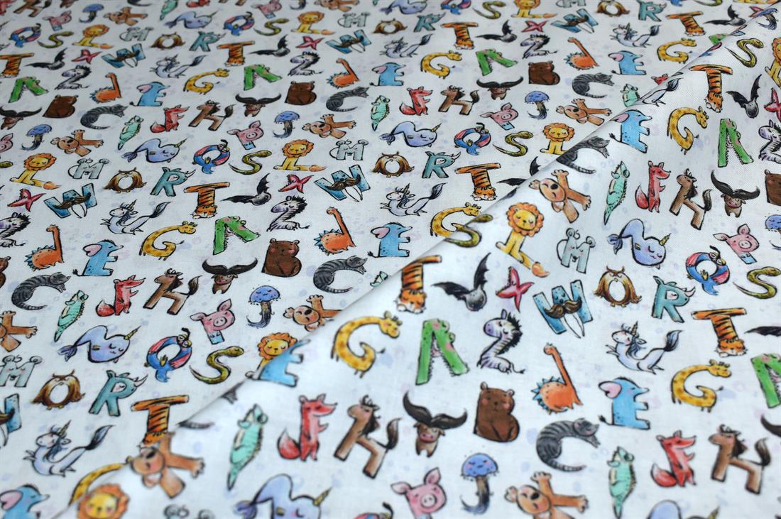 White Animal Alphabet Printed 100% Cotton Fabric