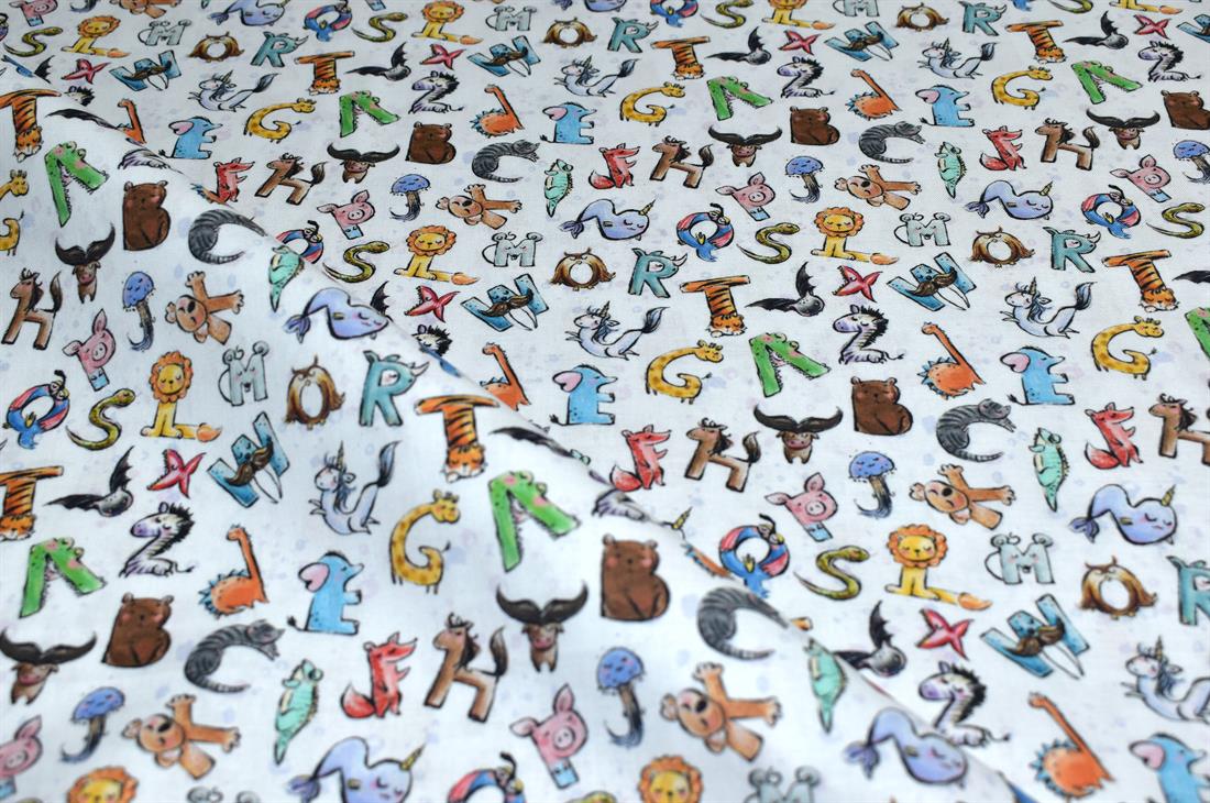 White Animal Alphabet Printed 100% Cotton Fabric