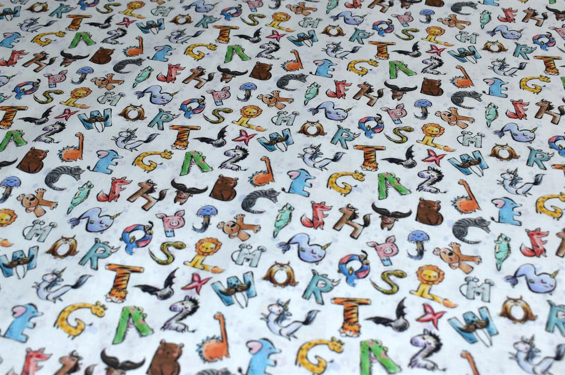 White Animal Alphabet Printed 100% Cotton Fabric