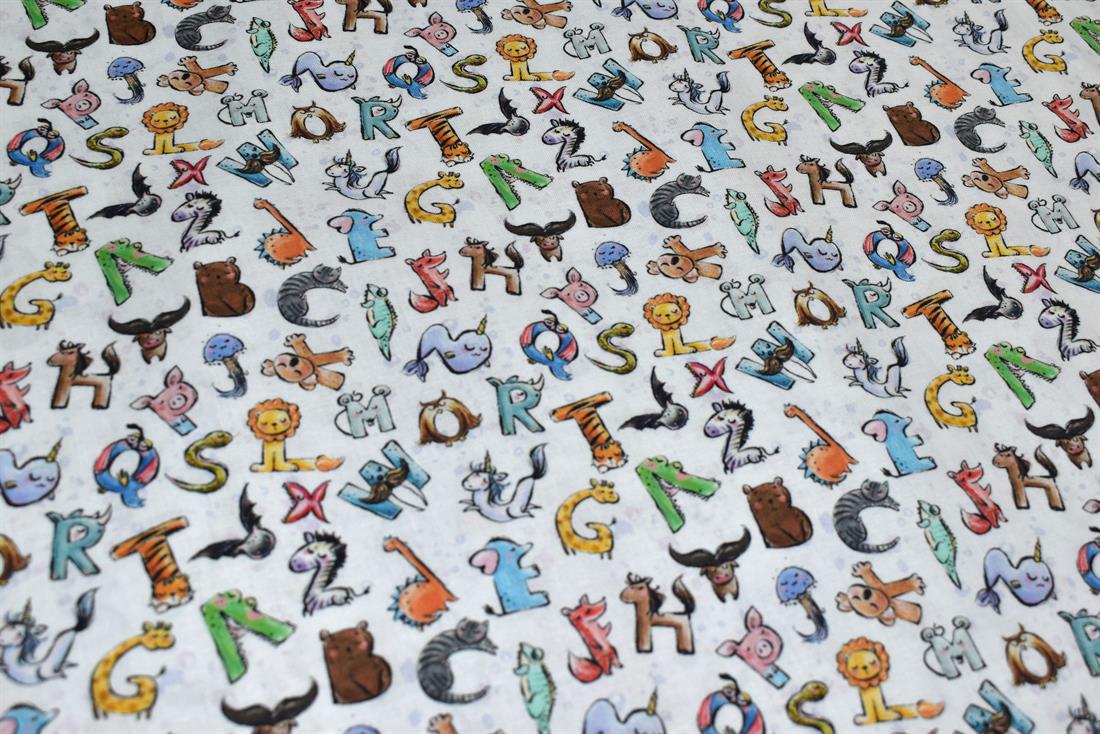 White Animal Alphabet Printed 100% Cotton Fabric