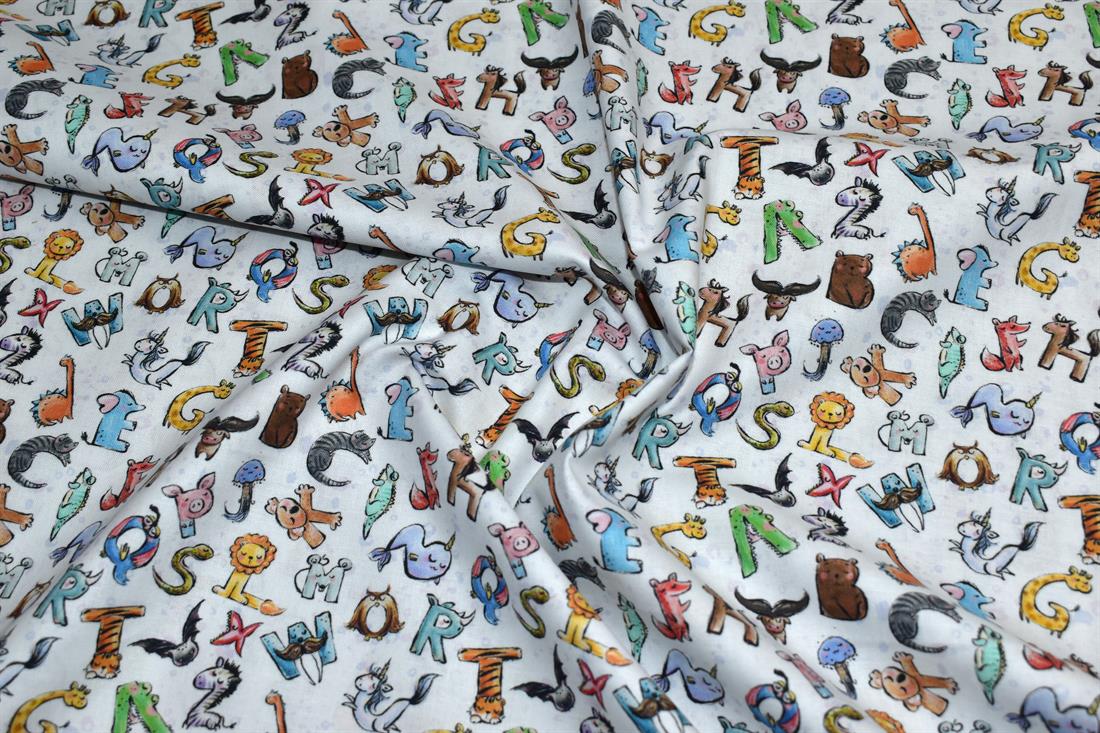 White Animal Alphabet Printed 100% Cotton Fabric