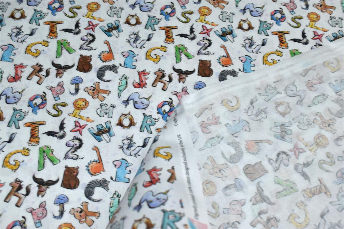 White Animal Alphabet Printed 100% Cotton Fabric