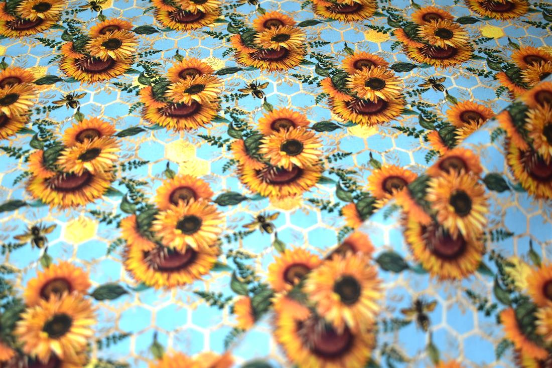 Blue New Little Johnny SunflowersPrinted 100% Cotton Fabric