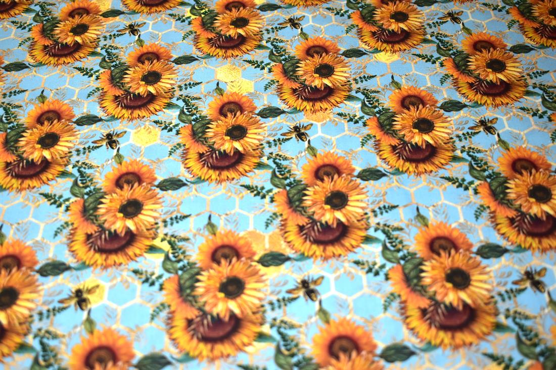 Blue New Little Johnny SunflowersPrinted 100% Cotton Fabric