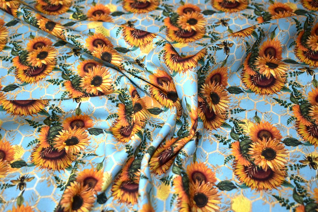 Blue New Little Johnny SunflowersPrinted 100% Cotton Fabric