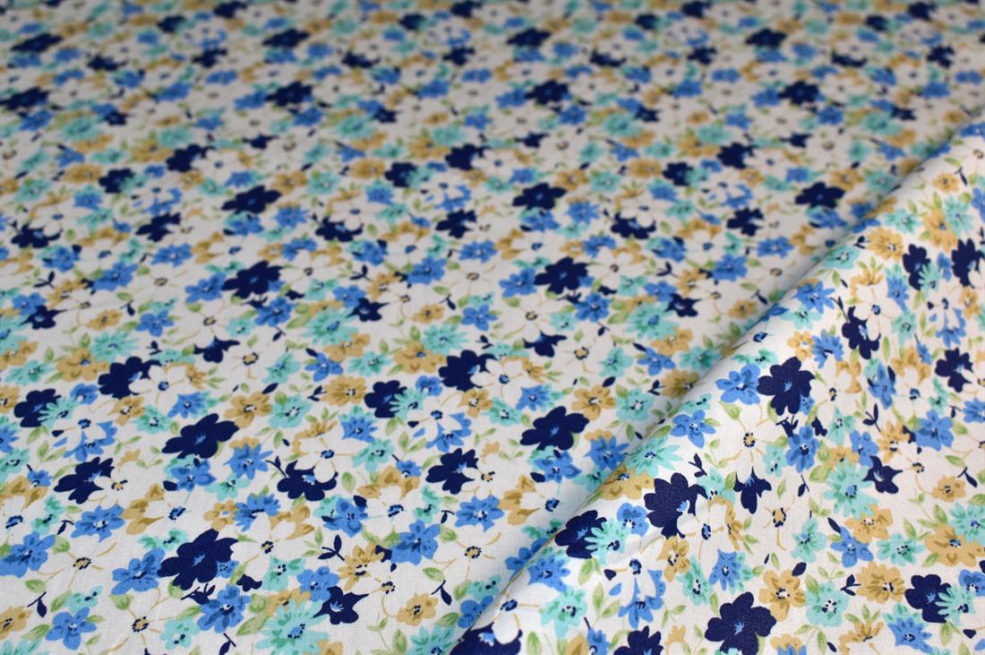 White & Blue Printed Floral 100% Cotton Poplin Fabric