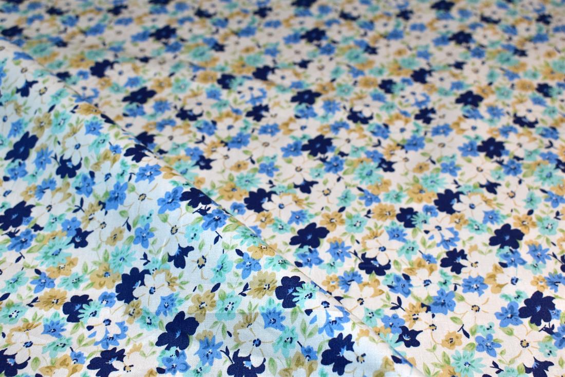 White & Blue Printed Floral 100% Cotton Poplin Fabric