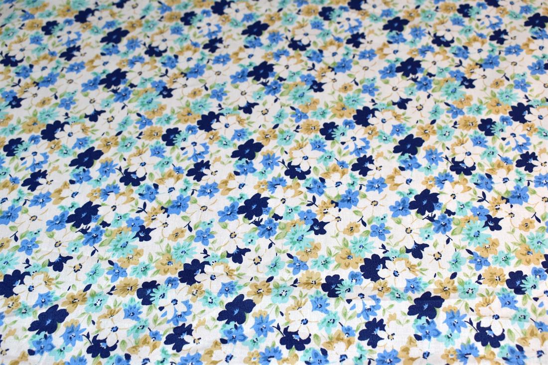 White & Blue Printed Floral 100% Cotton Poplin Fabric