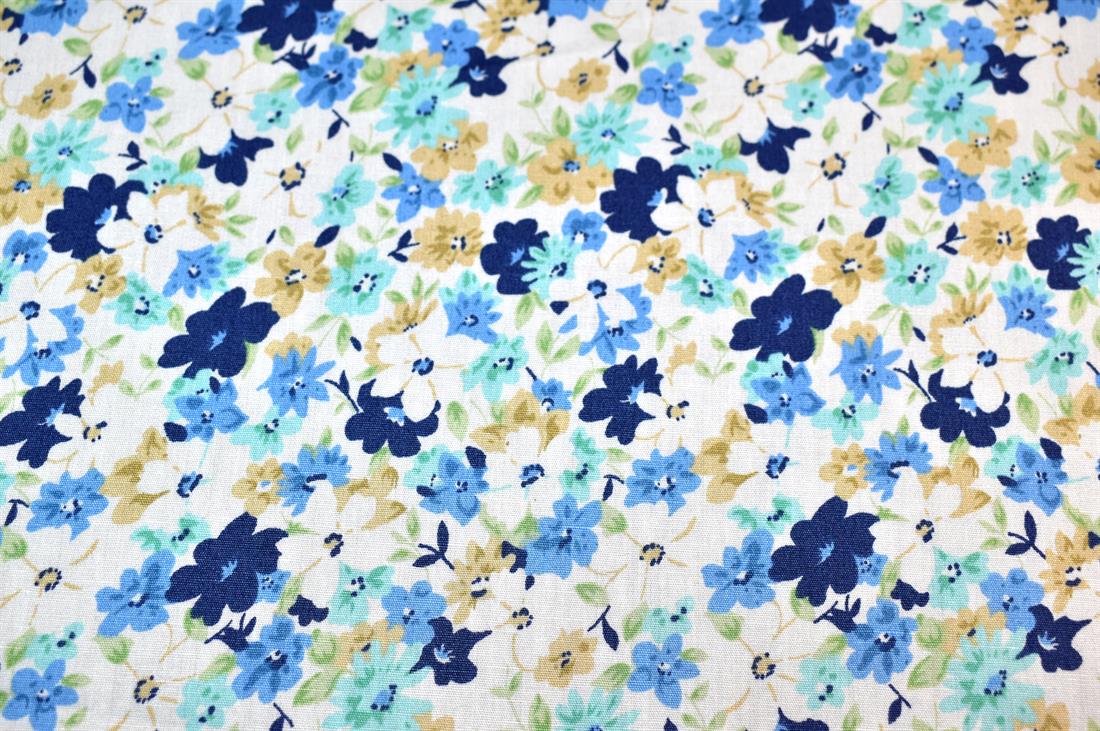 White & Blue Printed Floral 100% Cotton Poplin Fabric