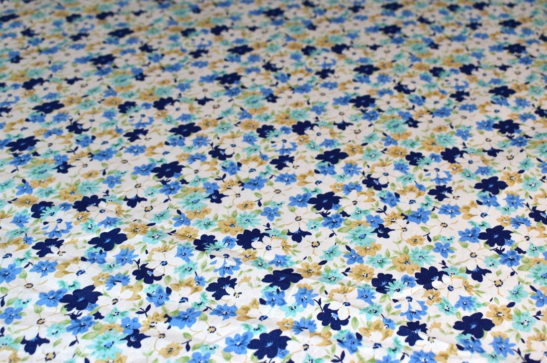 White & Blue Printed Floral 100% Cotton Poplin Fabric