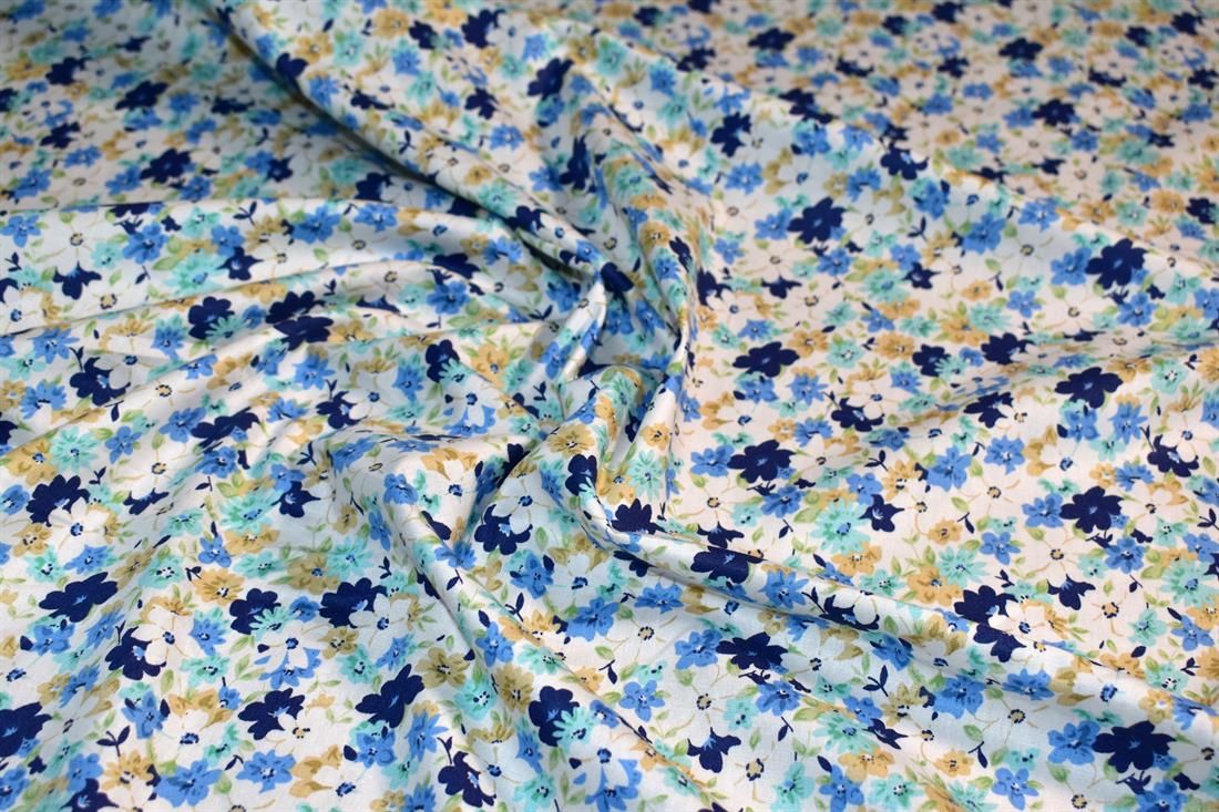 White & Blue Printed Floral 100% Cotton Poplin Fabric