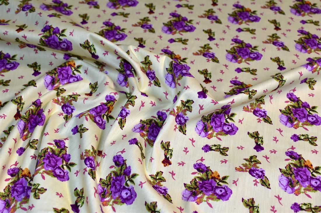 Lemon & Purple Printed Floral 100% Cotton Poplin Fabric