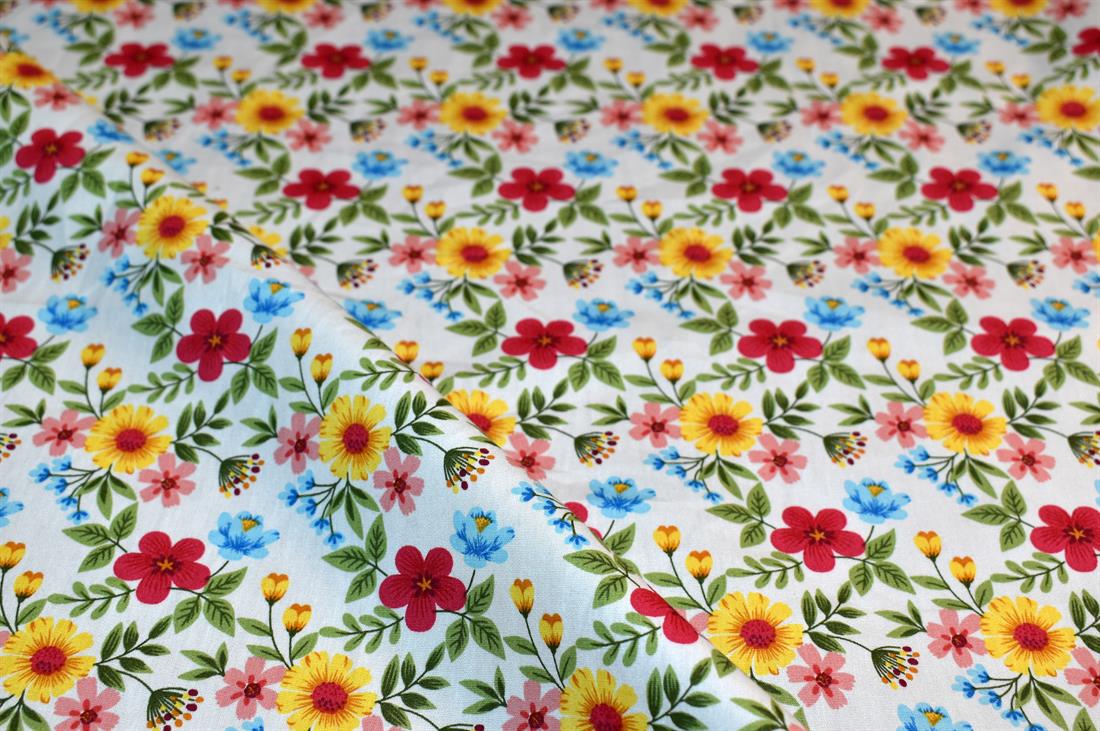 White Printed Floral 100% Cotton Poplin Fabric