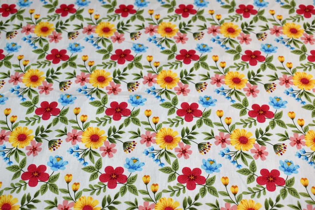 White Printed Floral 100% Cotton Poplin Fabric