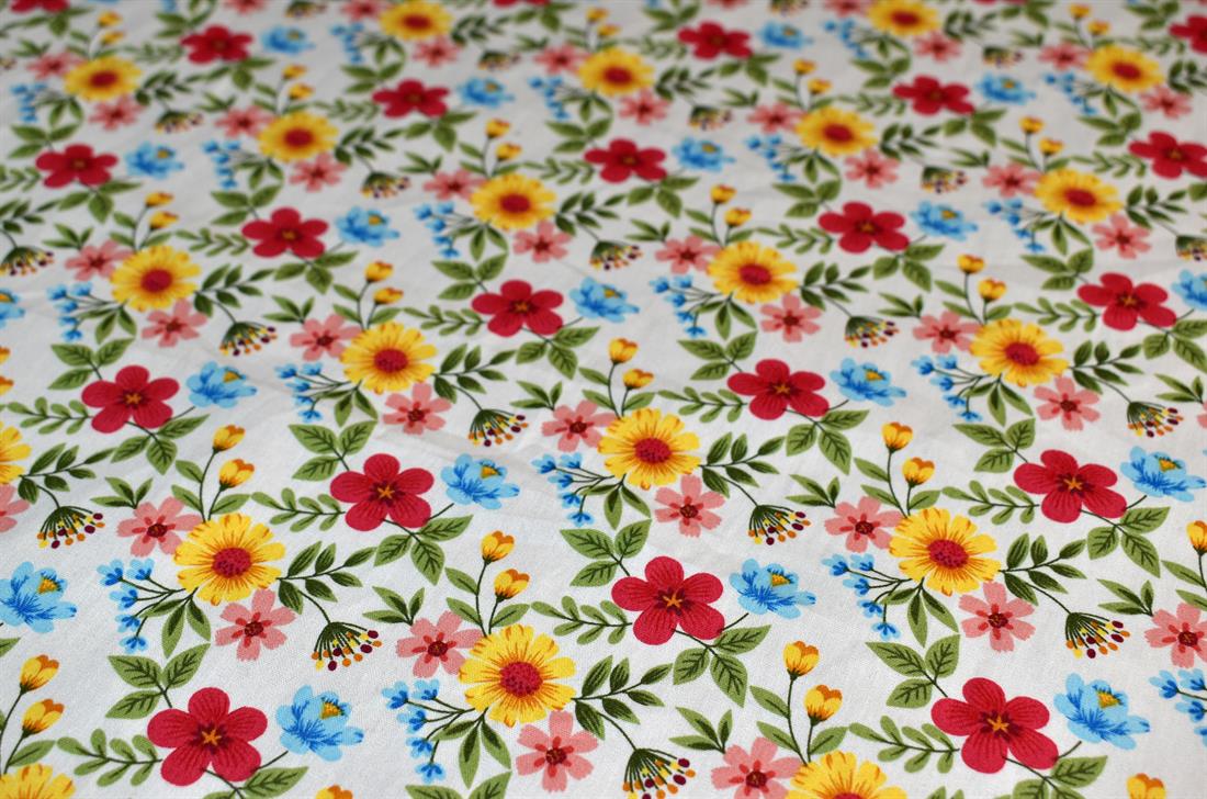 White Printed Floral 100% Cotton Poplin Fabric