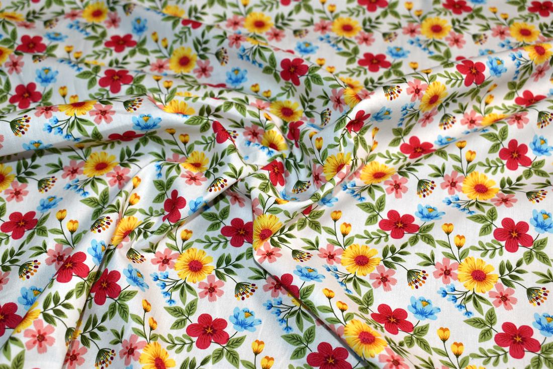White Printed Floral 100% Cotton Poplin Fabric