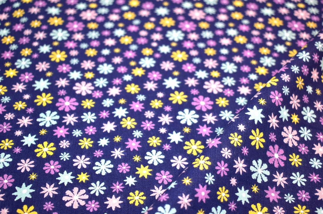 Navy Printed Floral 100% Cotton Poplin Fabric