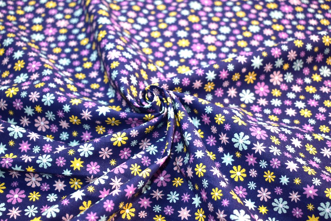 Navy Printed Floral 100% Cotton Poplin Fabric