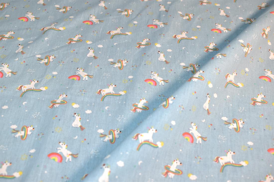 Blue Printed Unicorn 100% Cotton Fabric Material