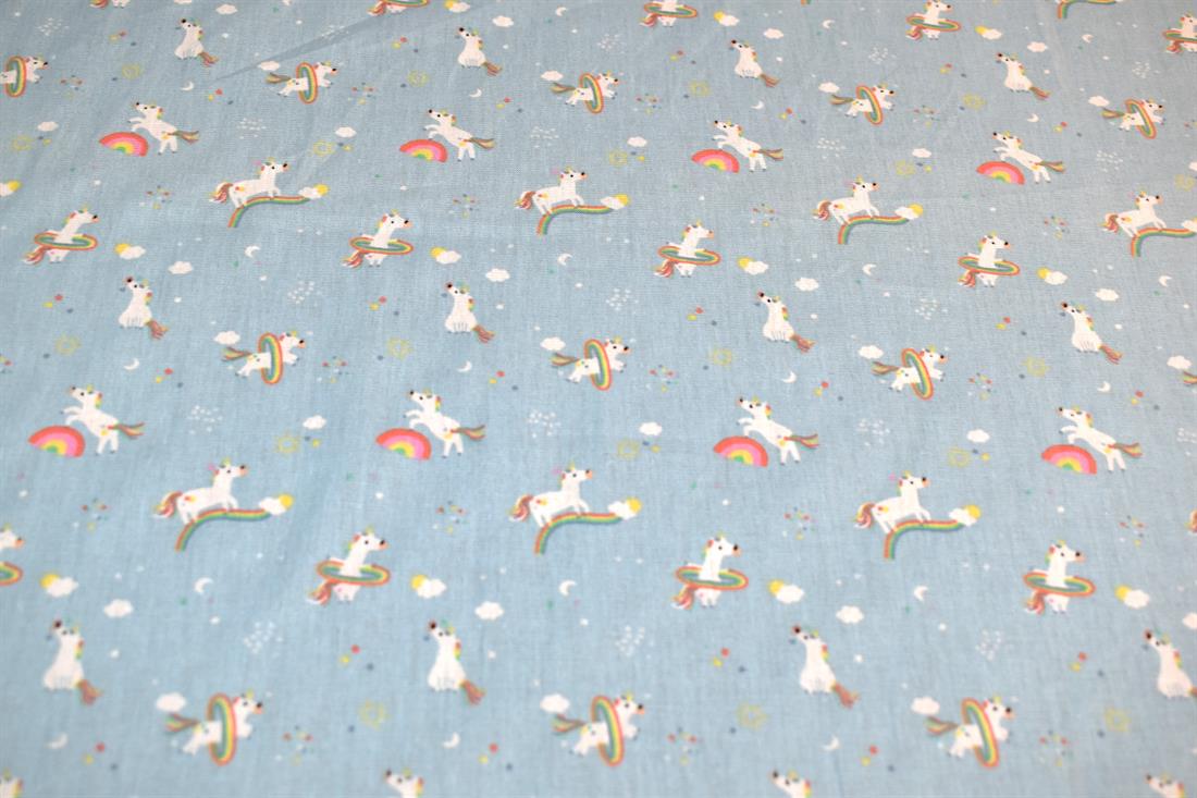 Blue Printed Unicorn 100% Cotton Fabric Material