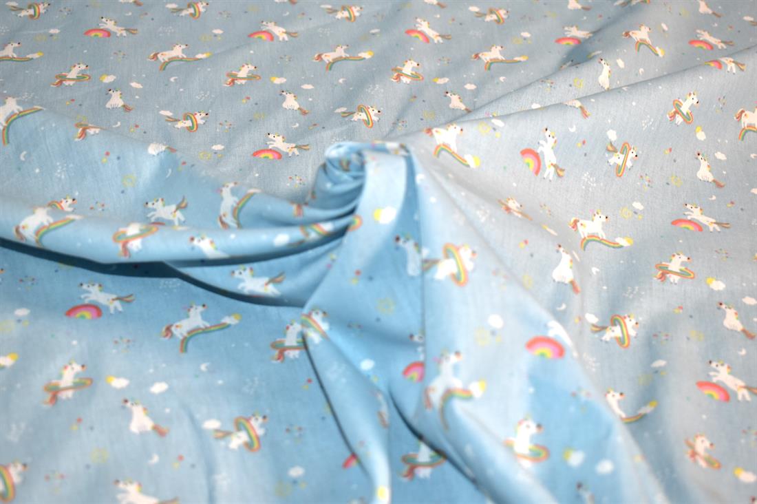 Blue Printed Unicorn 100% Cotton Fabric Material