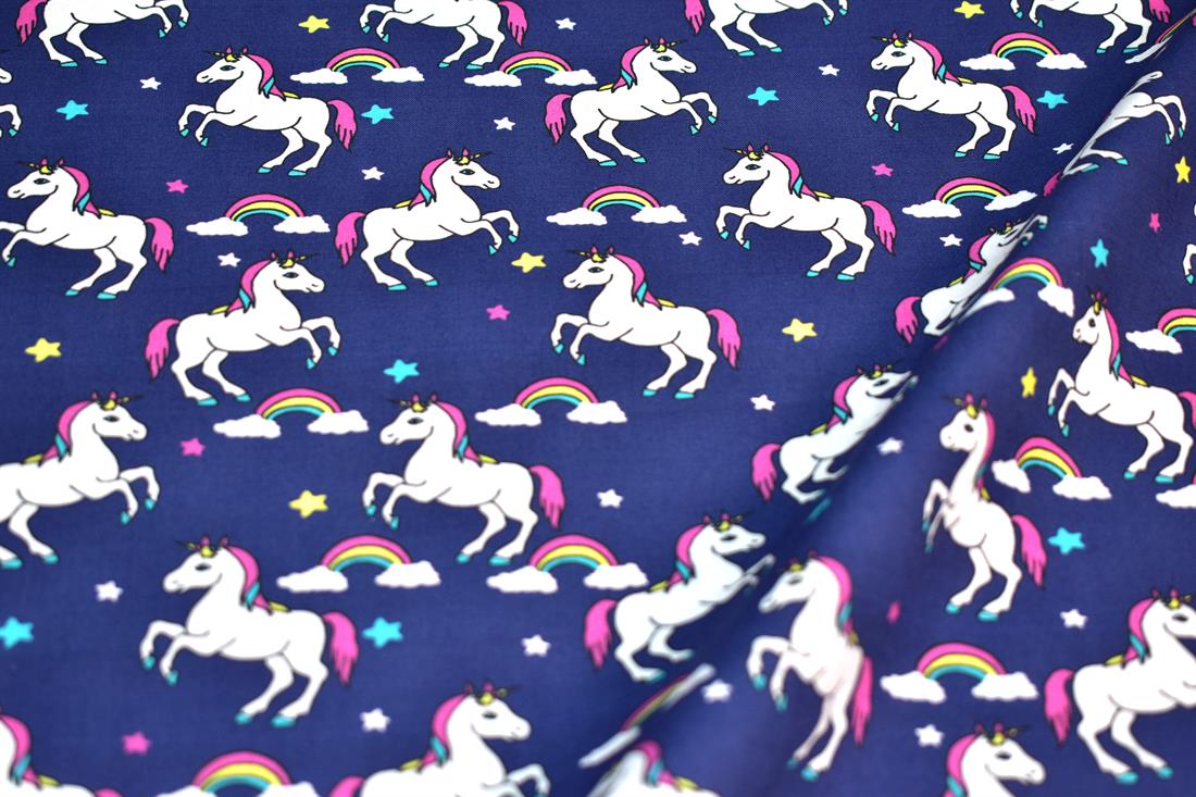 Navy Little Johnny Unicorn Printed 100% Cotton Fabric