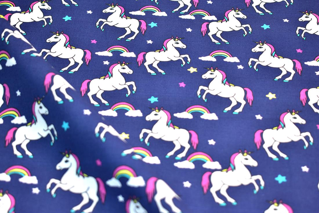 Navy Little Johnny Unicorn Printed 100% Cotton Fabric