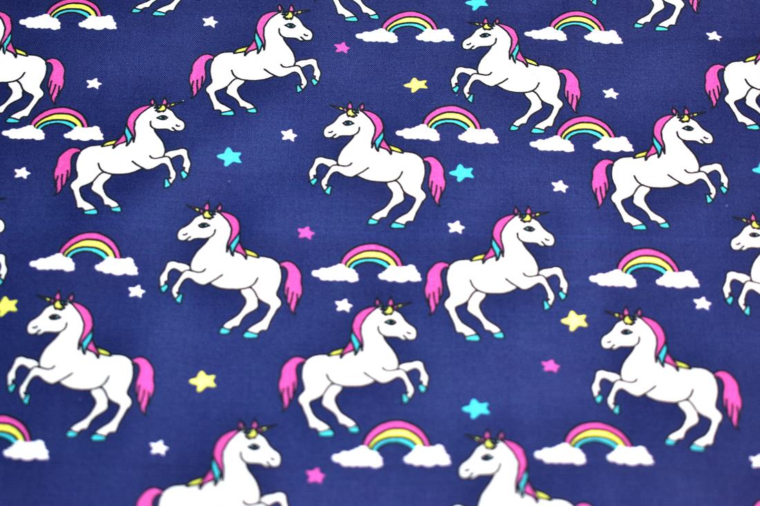 Navy Little Johnny Unicorn Printed 100% Cotton Fabric