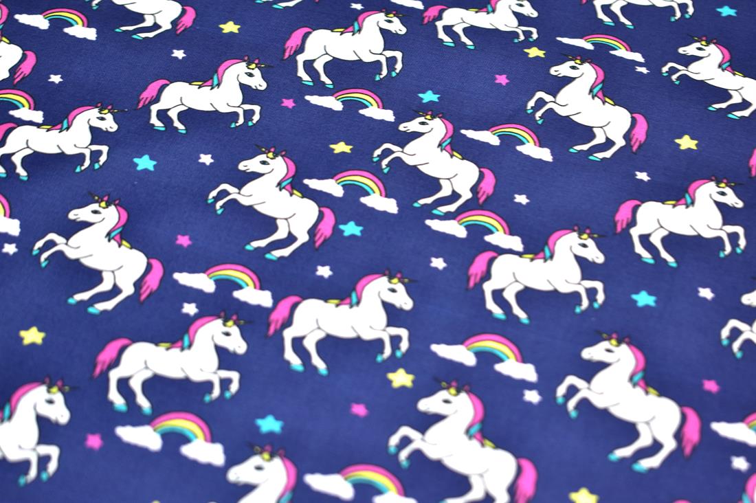 Navy Little Johnny Unicorn Printed 100% Cotton Fabric