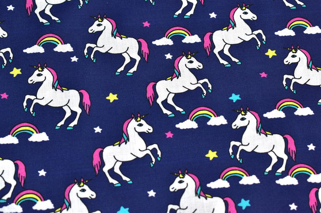 Navy Little Johnny Unicorn Printed 100% Cotton Fabric