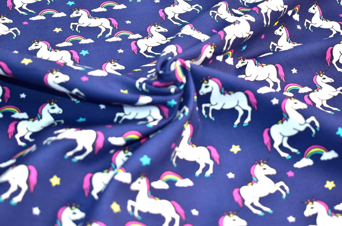 Navy Little Johnny Unicorn Printed 100% Cotton Fabric