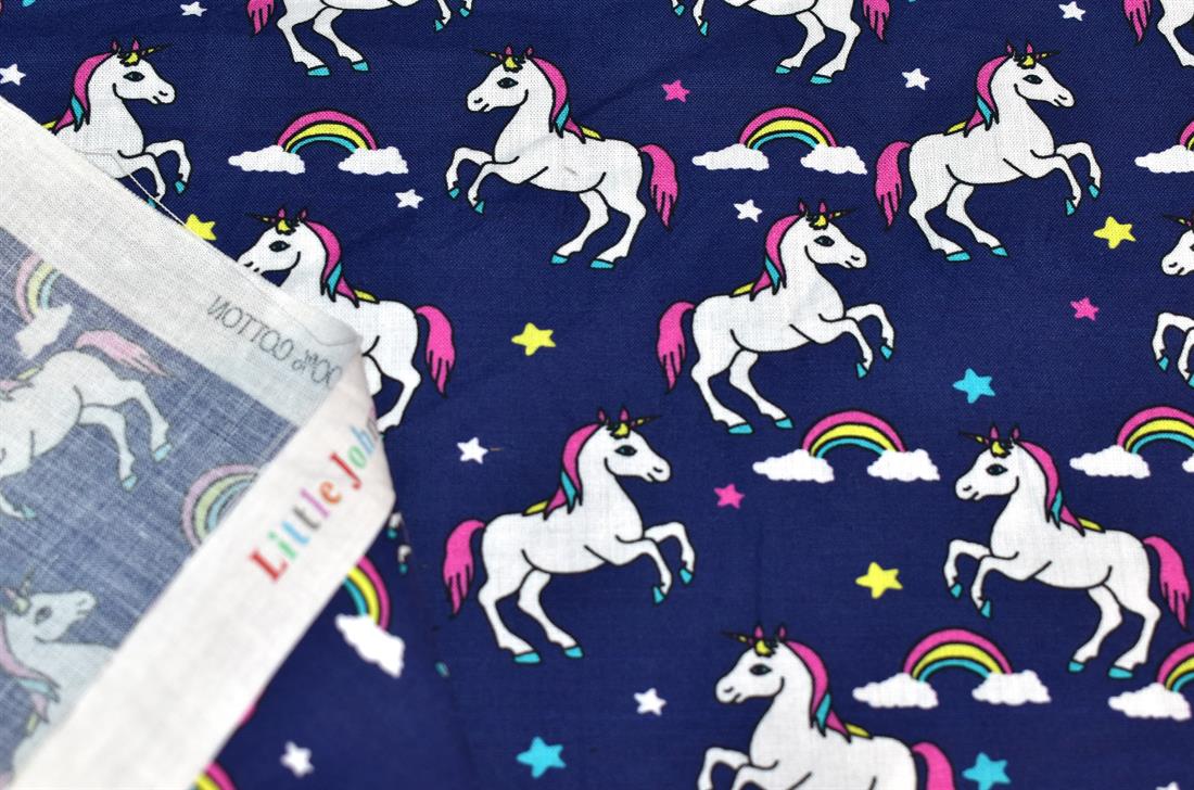Navy Little Johnny Unicorn Printed 100% Cotton Fabric