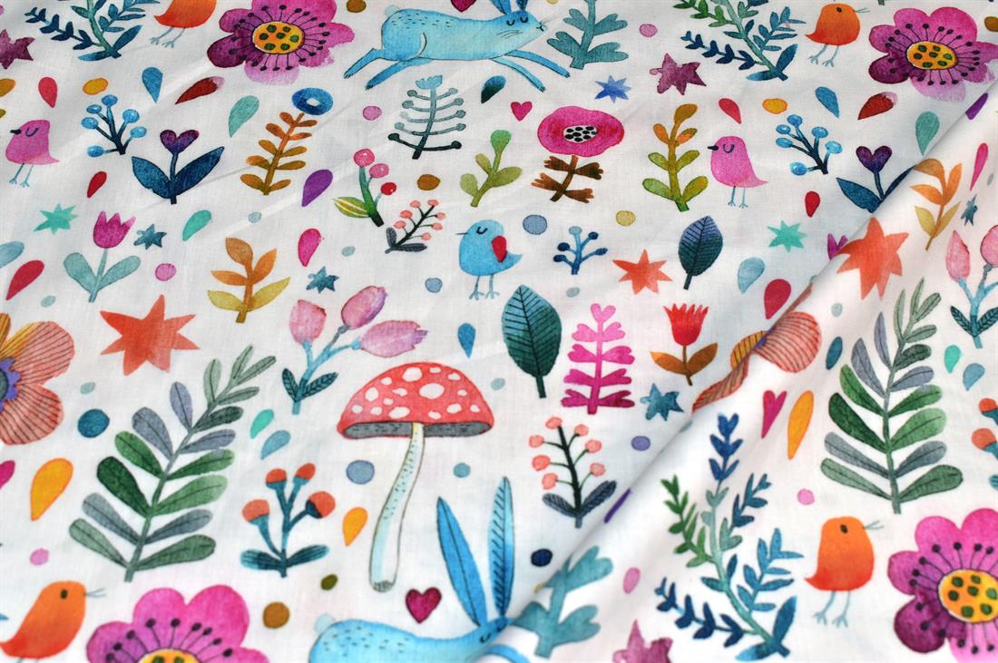 White Little Johnny Forest Rabbit Printed 100% Cotton Fabric