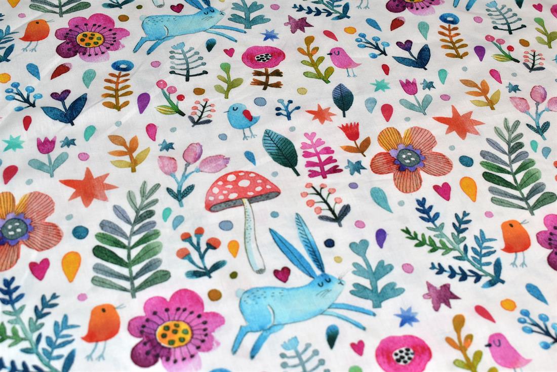 White Little Johnny Forest Rabbit Printed 100% Cotton Fabric