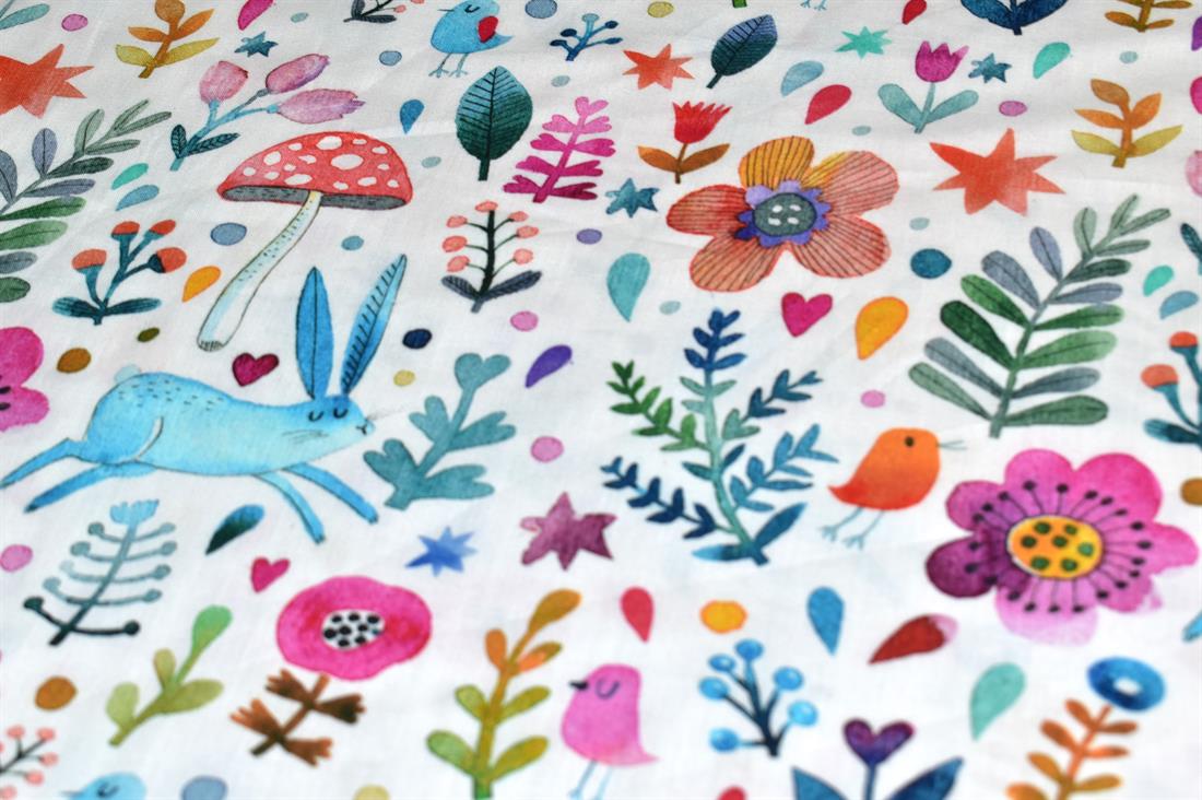 White Little Johnny Forest Rabbit Printed 100% Cotton Fabric