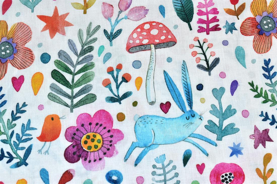 White Little Johnny Forest Rabbit Printed 100% Cotton Fabric