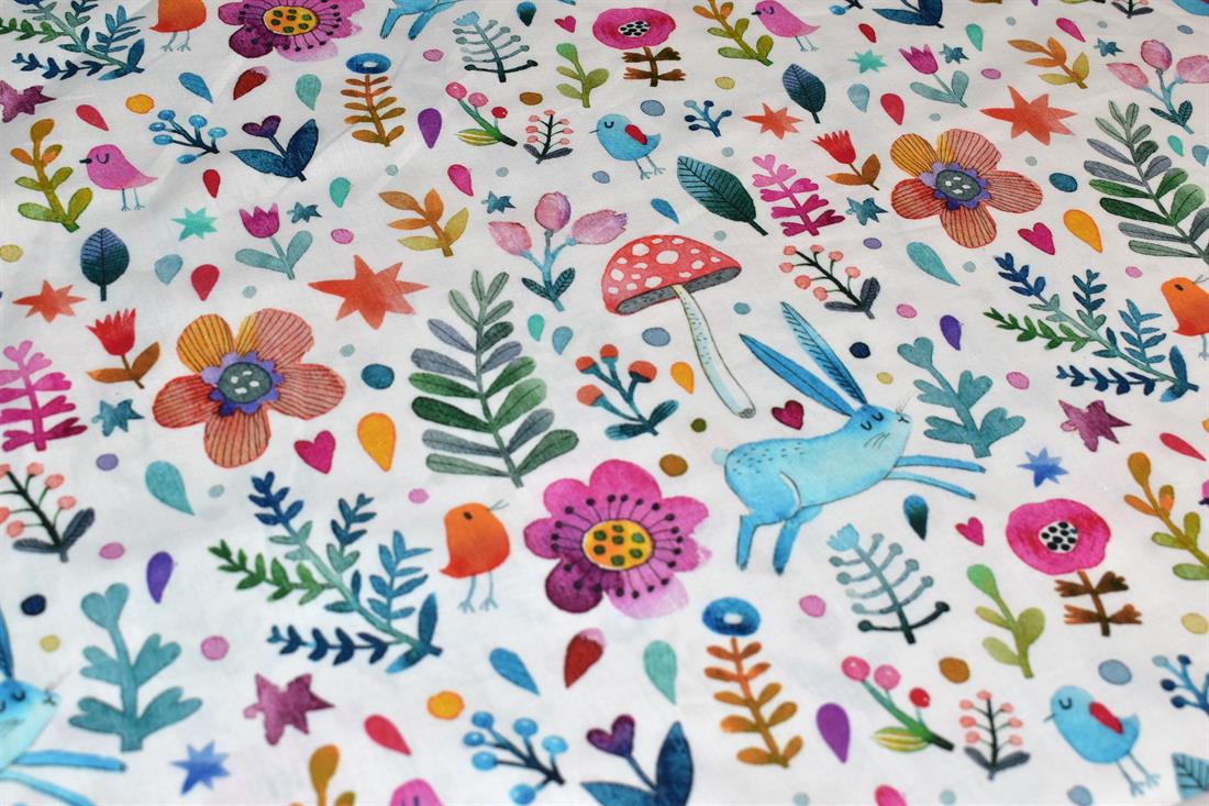 White Little Johnny Forest Rabbit Printed 100% Cotton Fabric