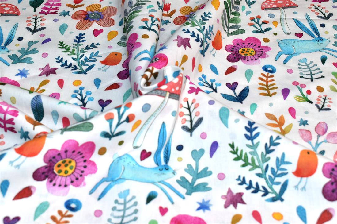 White Little Johnny Forest Rabbit Printed 100% Cotton Fabric