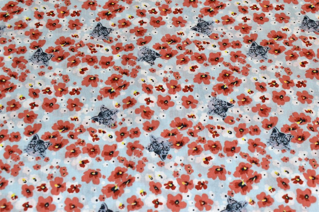 Light Blue Flora/ Cat Printed Cotton Fabric