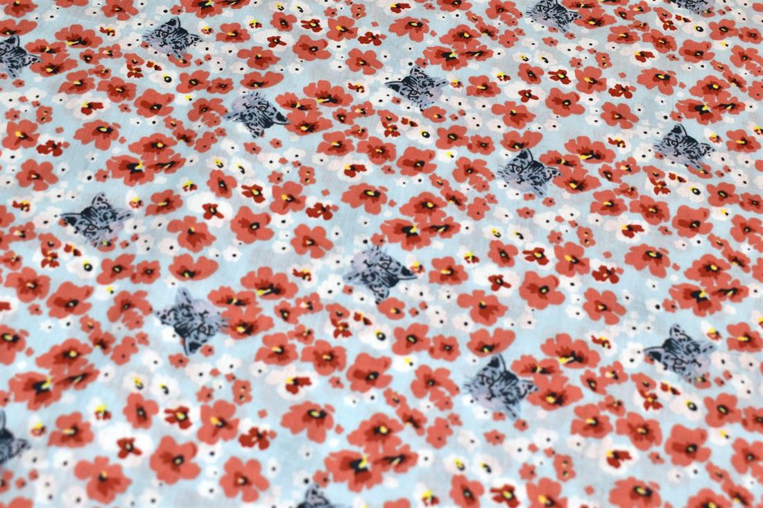 Light Blue Flora/ Cat Printed Cotton Fabric
