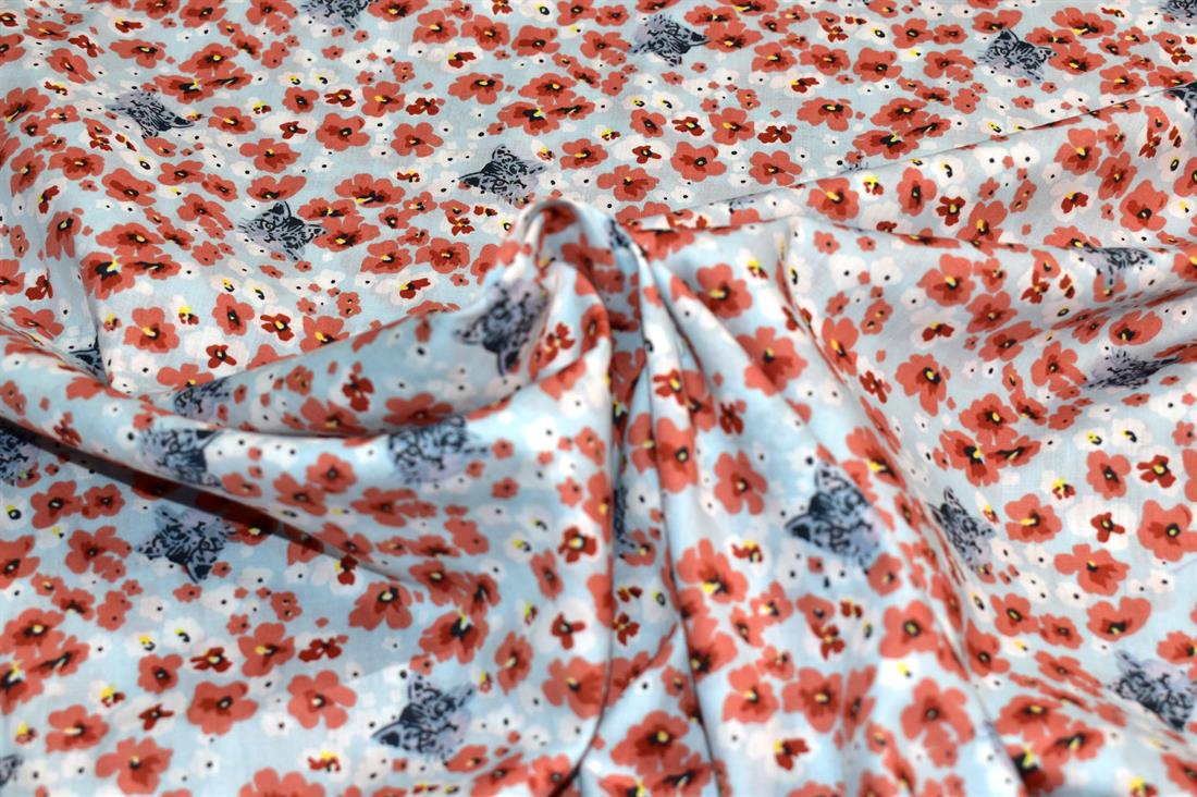 Light Blue Flora/ Cat Printed Cotton Fabric