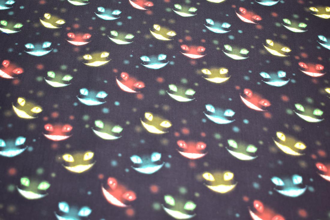 Black Halloween Cheshire Critters Printed 100% Cotton Fabric