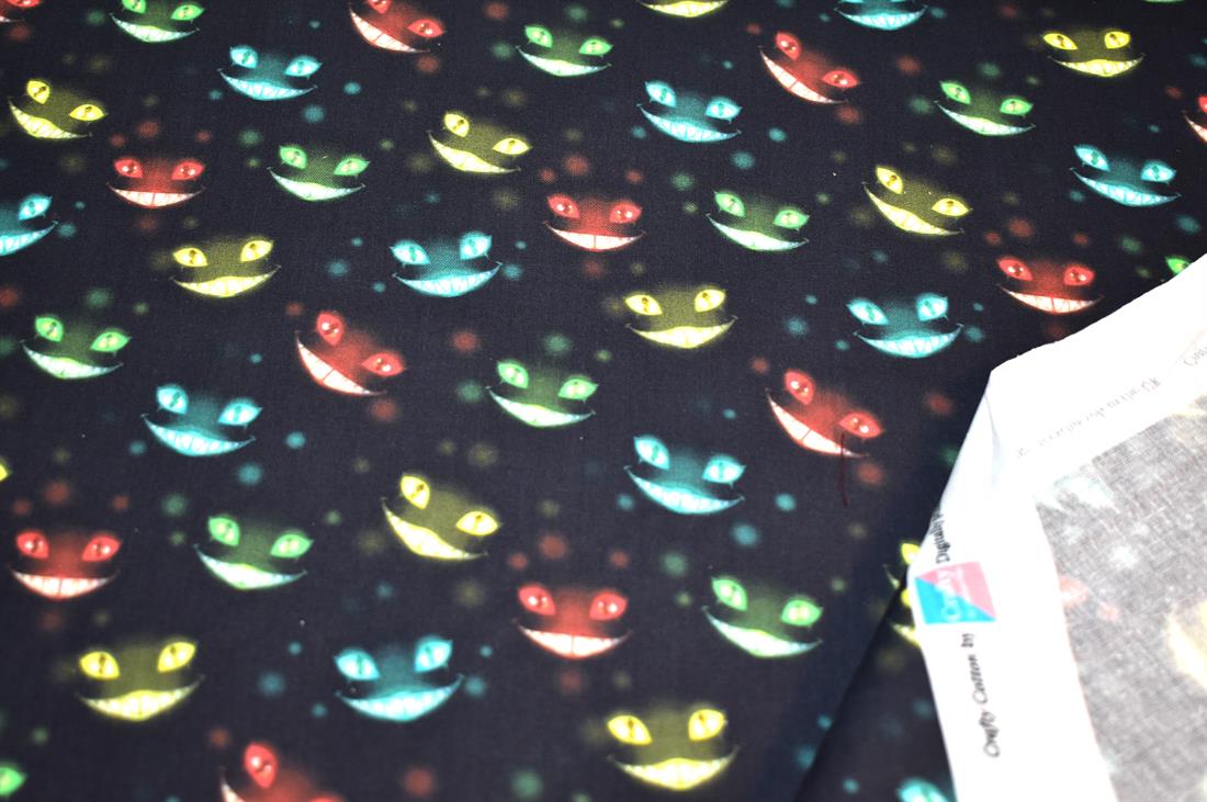 Black Halloween Cheshire Critters Printed 100% Cotton Fabric