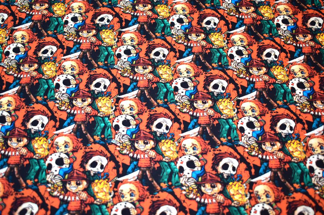 Black & Orange Halloween Crazy Crowd Printed 100% Cotton Fabric