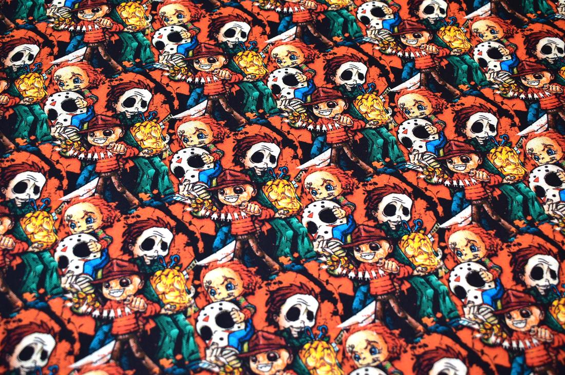 Black & Orange Halloween Crazy Crowd Printed 100% Cotton Fabric
