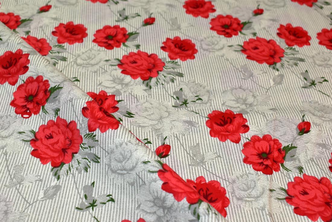 Light Grey Rose Printed 100% Cotton Fabric