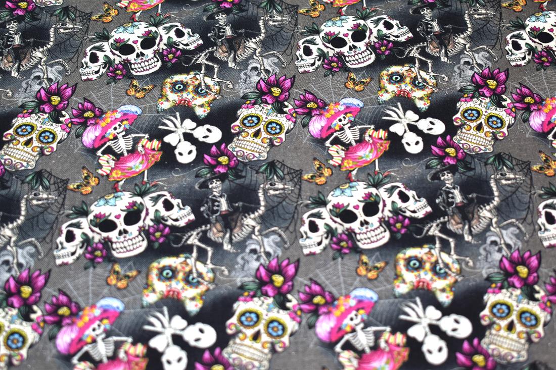 Black & Grey Day of the Dead Printed 100% Cotton Fabric